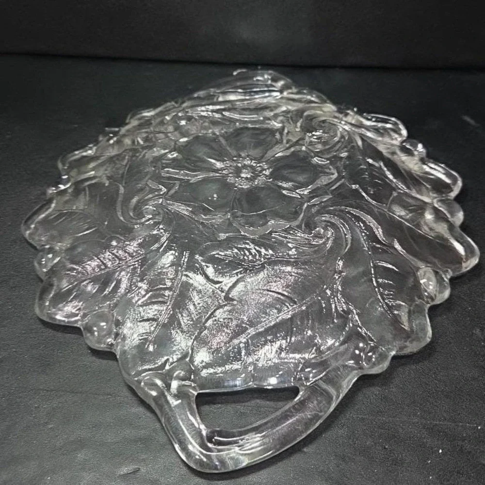 Indiana Glass Handled Serving‎ Tray, Vtg Embossed Wild Roses Design, Centerpiece